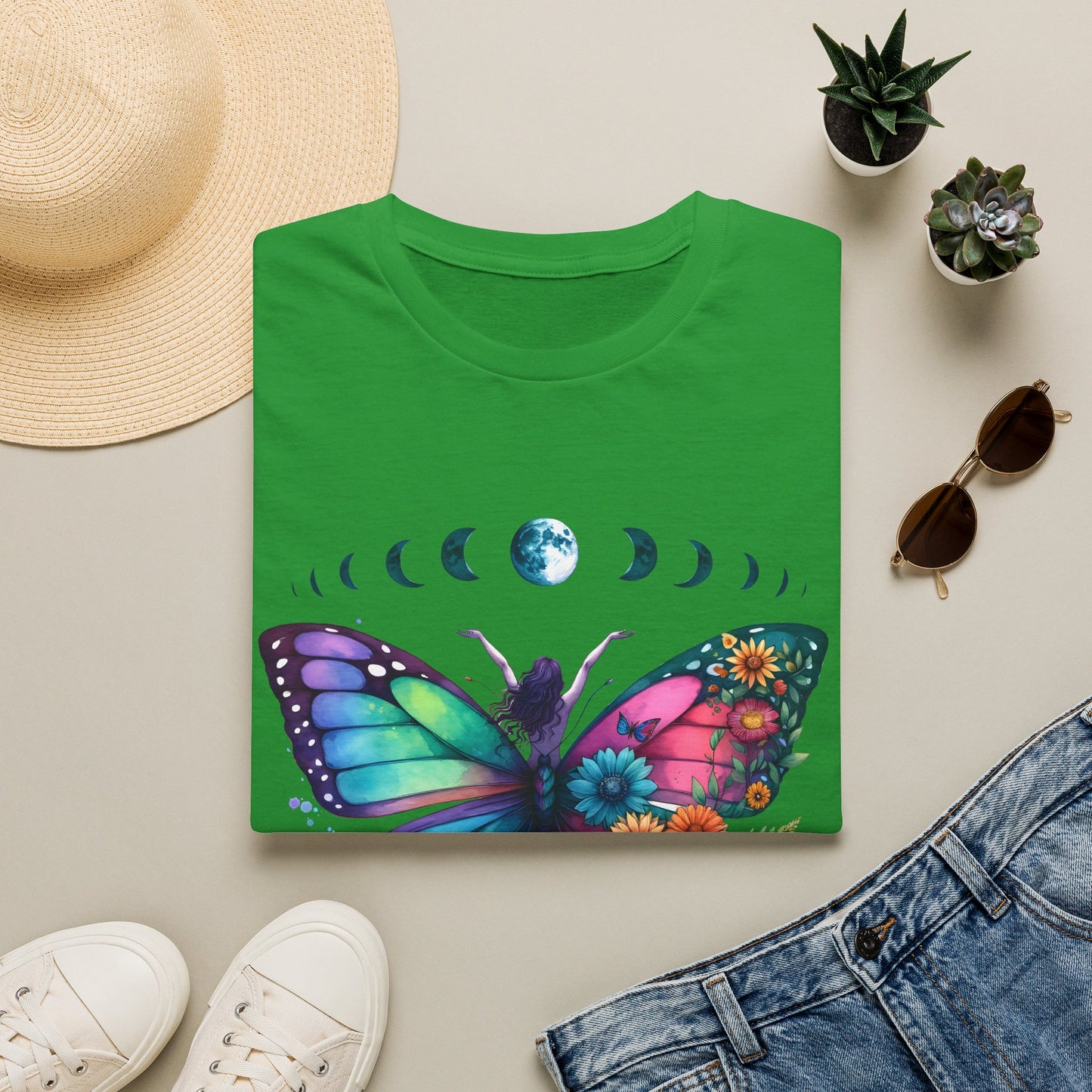 Butterfly Moon Phases T‑Shirt — Colorful Floral Wing Tee