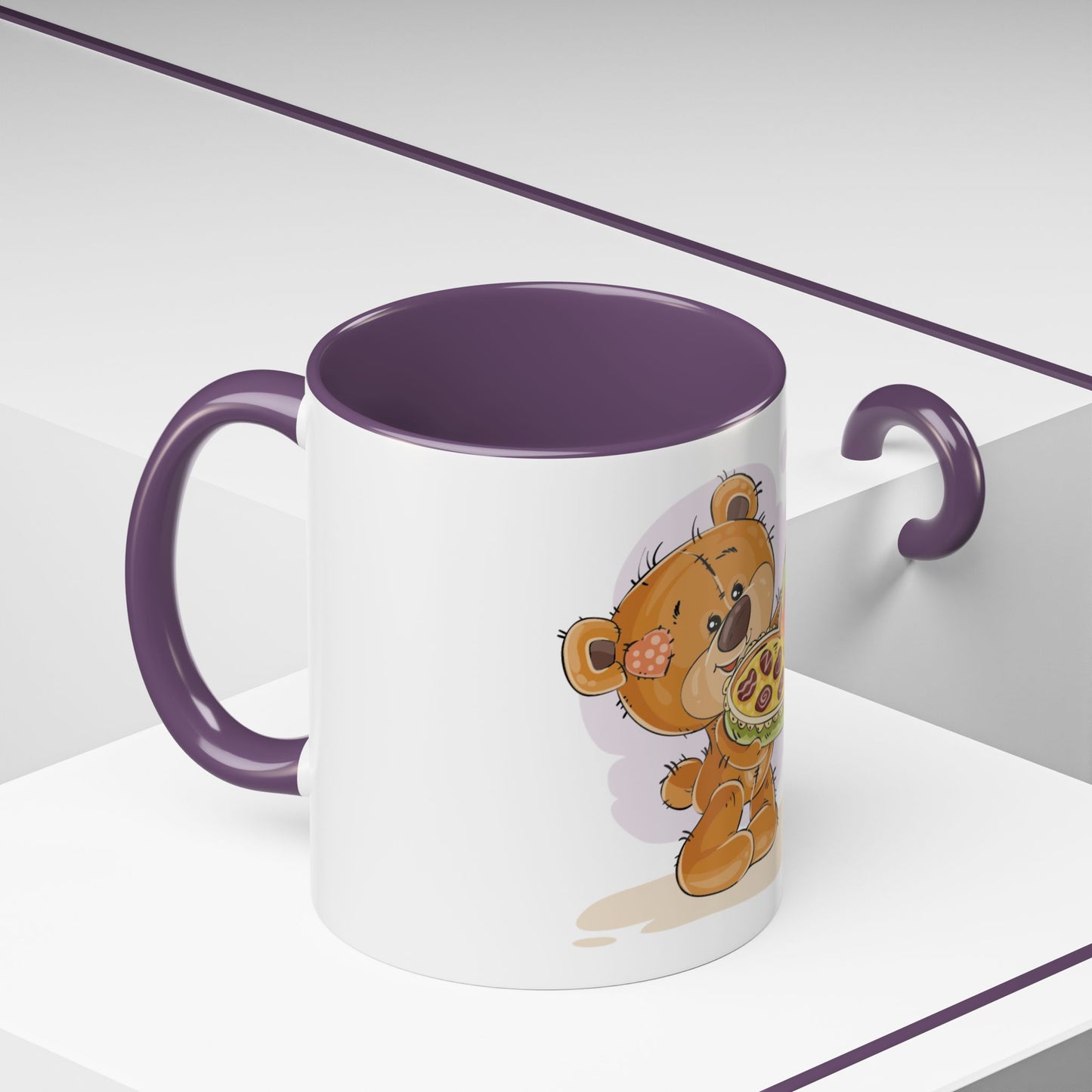Cute Teddy Bear Pizza Gift Mug — Heart-Shaped Pizza & Bow Accent Coffee Cup