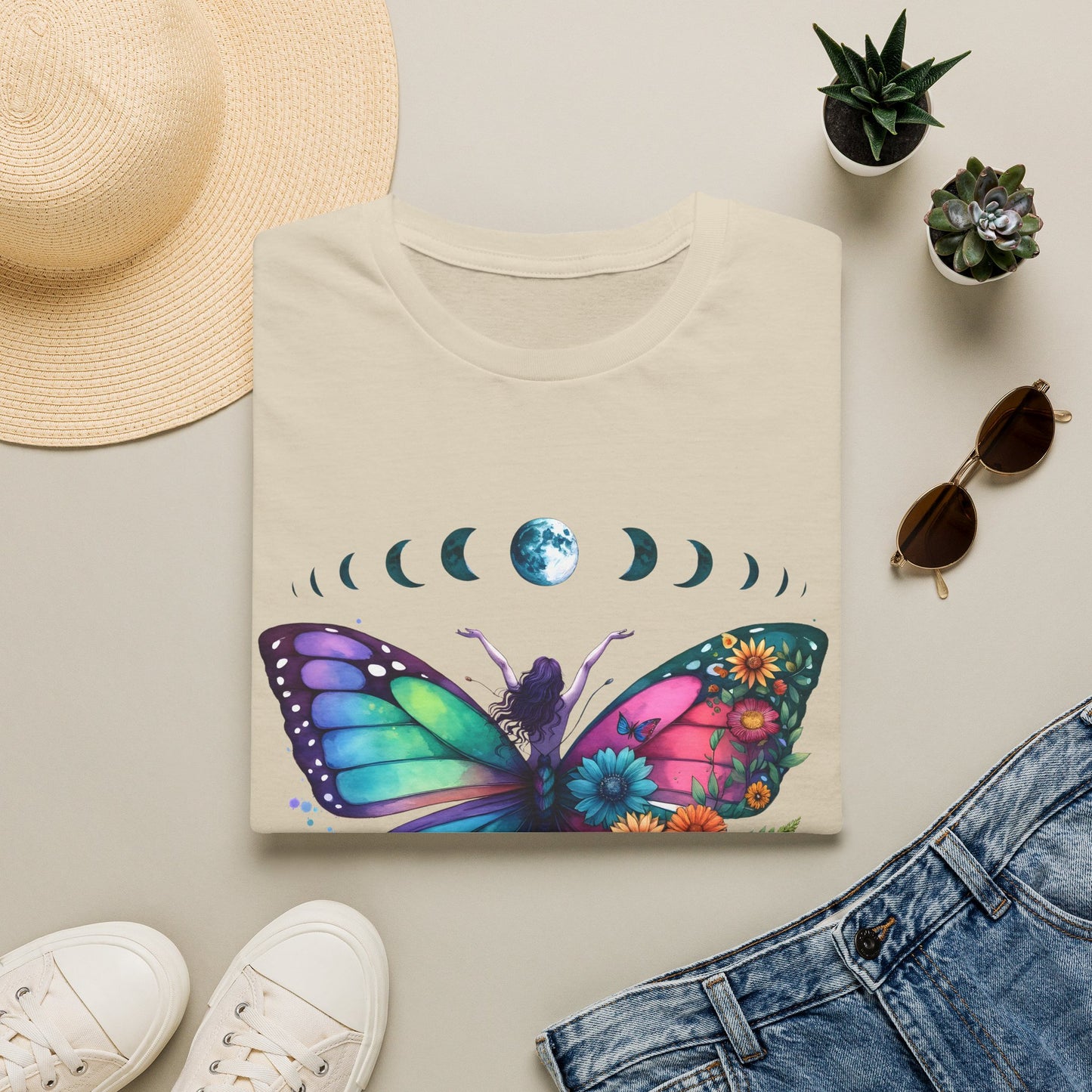 Butterfly Moon Phases T‑Shirt — Colorful Floral Wing Tee