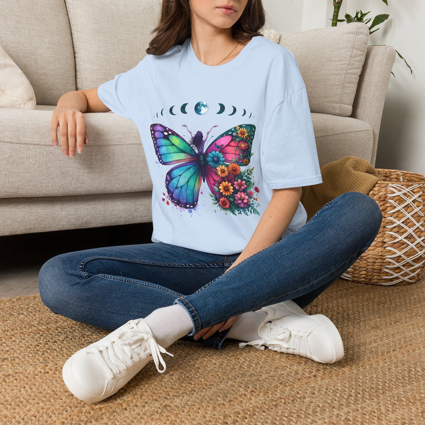 Butterfly Moon Phases T‑Shirt — Colorful Floral Wing Tee