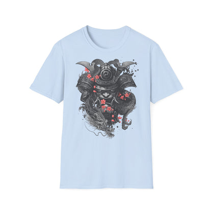 Samurai Helmet T‑Shirt — Japanese Warrior Armor with Red Sakura Accents