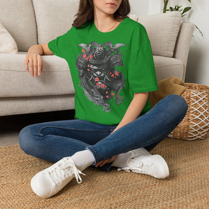 Samurai Helmet T‑Shirt — Japanese Warrior Armor with Red Sakura Accents