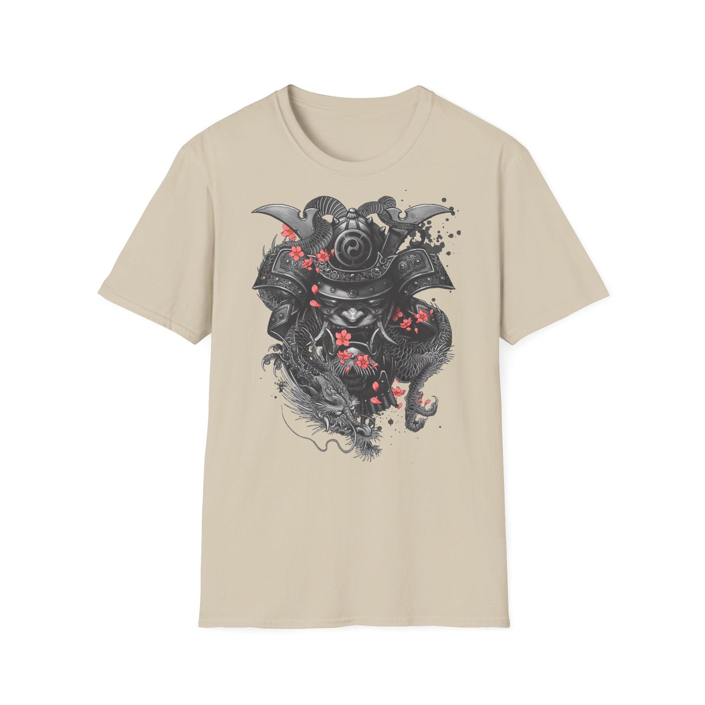 Samurai Helmet T‑Shirt — Japanese Warrior Armor with Red Sakura Accents