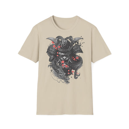 Samurai Helmet T‑Shirt — Japanese Warrior Armor with Red Sakura Accents