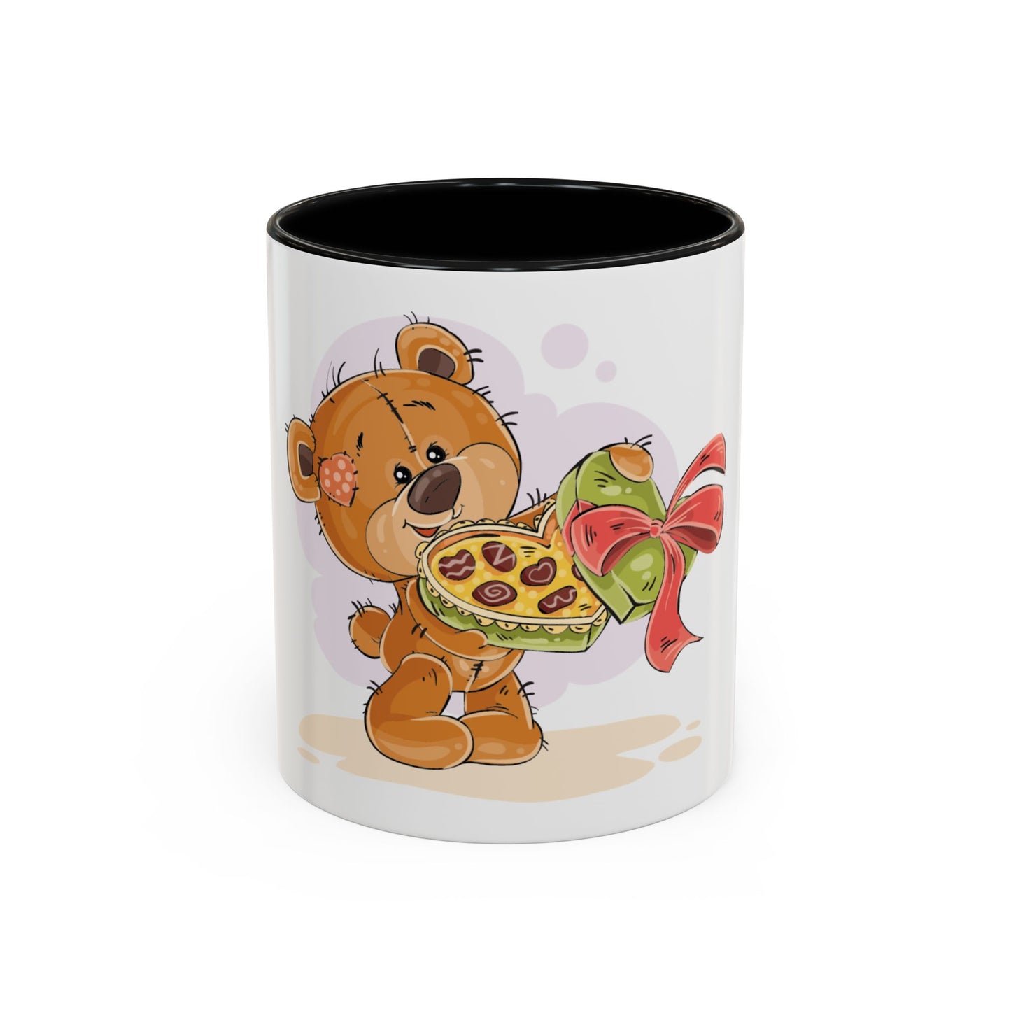 Cute Teddy Bear Pizza Gift Mug — Heart-Shaped Pizza & Bow Accent Coffee Cup
