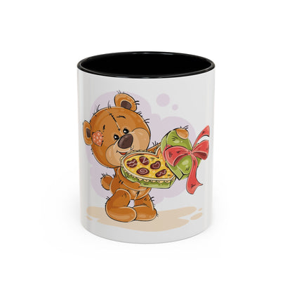 Cute Teddy Bear Pizza Gift Mug — Heart-Shaped Pizza & Bow Accent Coffee Cup