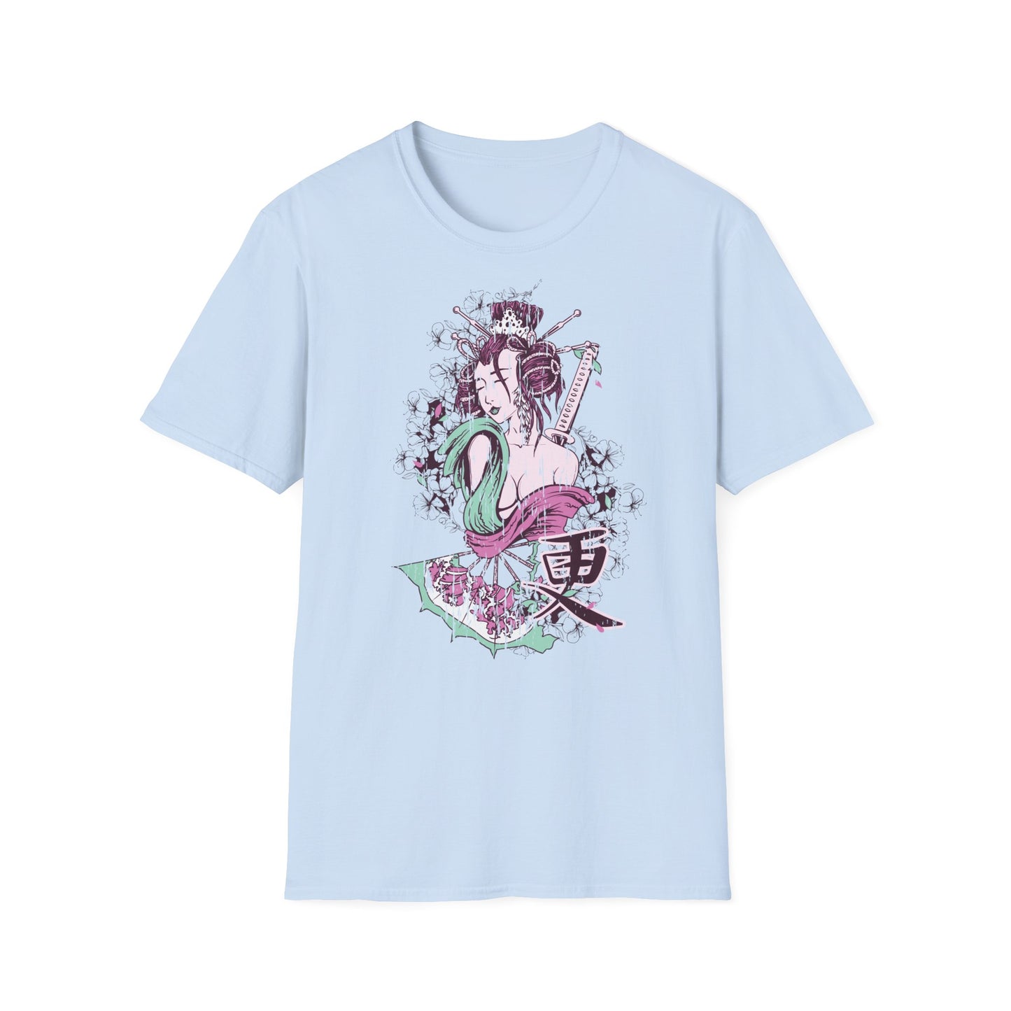 Geisha Anime Art T‑Shirt — Retro Floral Japanese Illustration