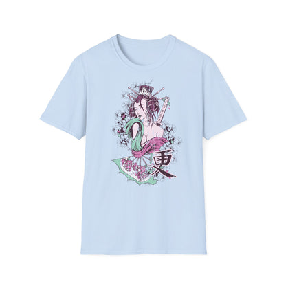 Geisha Anime Art T‑Shirt — Retro Floral Japanese Illustration