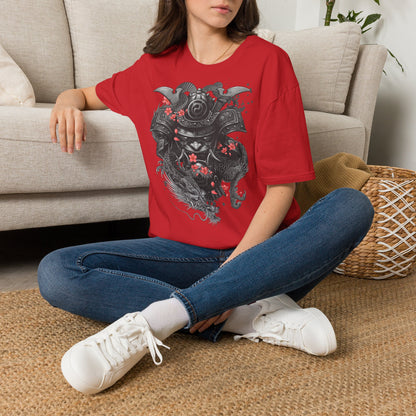 Samurai Helmet T‑Shirt — Japanese Warrior Armor with Red Sakura Accents