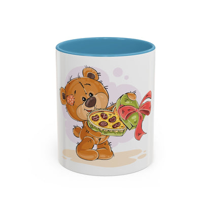 Cute Teddy Bear Pizza Gift Mug — Heart-Shaped Pizza & Bow Accent Coffee Cup