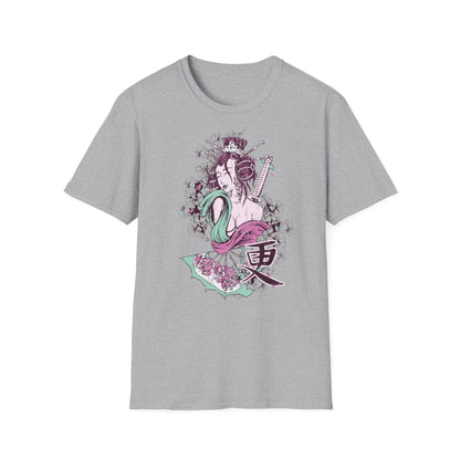 Geisha Anime Art T‑Shirt — Retro Floral Japanese Illustration