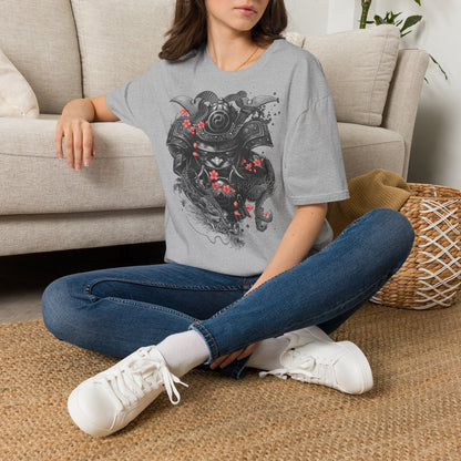 Samurai Helmet T‑Shirt — Japanese Warrior Armor with Red Sakura Accents