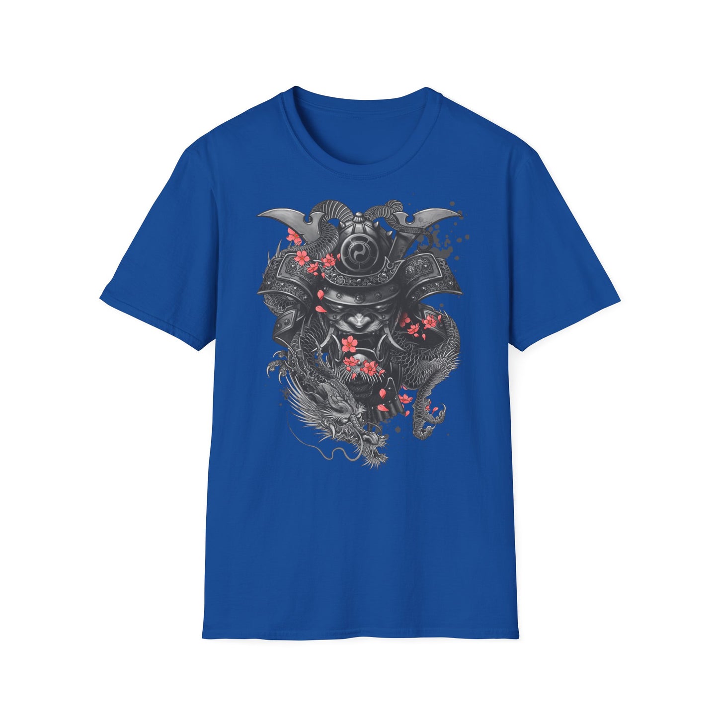 Samurai Helmet T‑Shirt — Japanese Warrior Armor with Red Sakura Accents