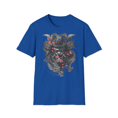 Samurai Helmet T‑Shirt — Japanese Warrior Armor with Red Sakura Accents