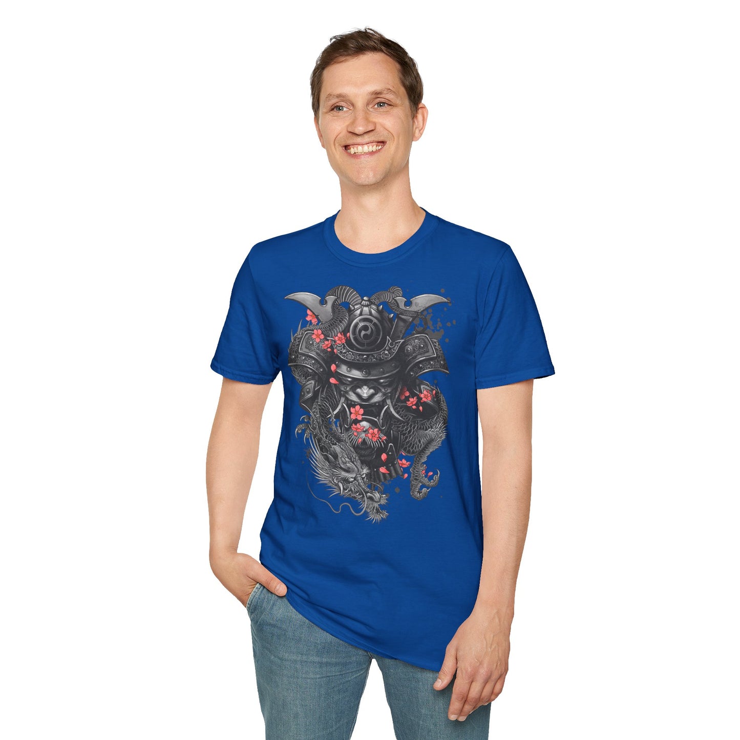 Samurai Helmet T‑Shirt — Japanese Warrior Armor with Red Sakura Accents