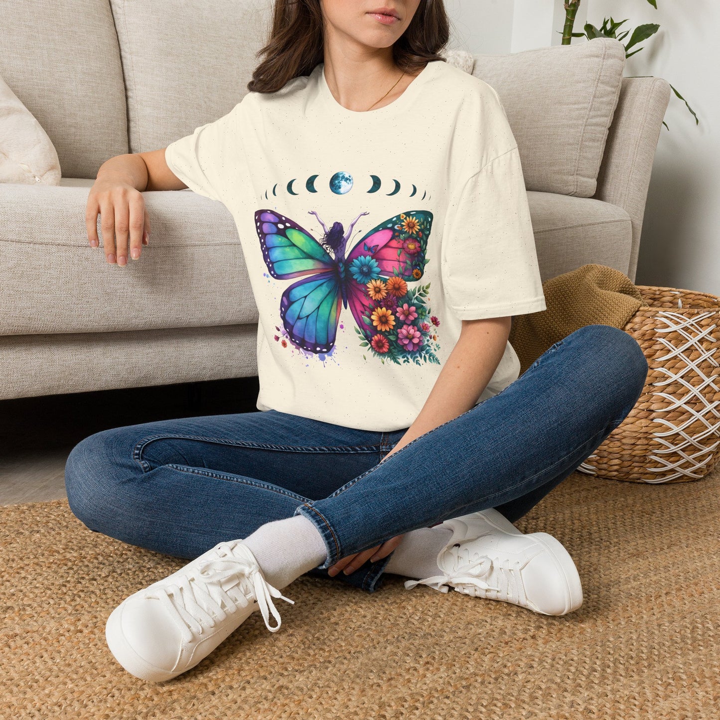 Butterfly Moon Phases T‑Shirt — Colorful Floral Wing Tee