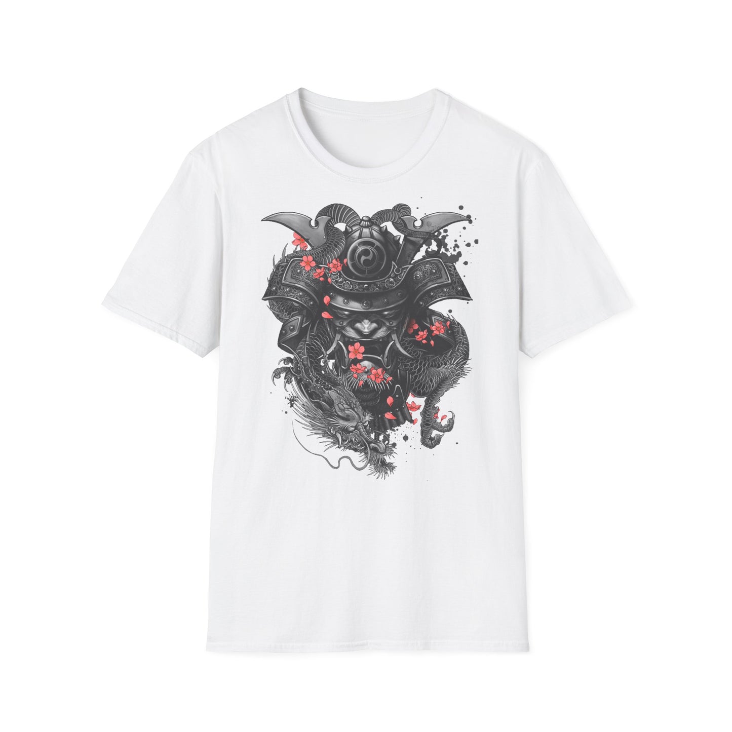 Samurai Helmet T‑Shirt — Japanese Warrior Armor with Red Sakura Accents