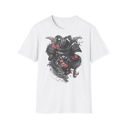 Samurai Helmet T‑Shirt — Japanese Warrior Armor with Red Sakura Accents