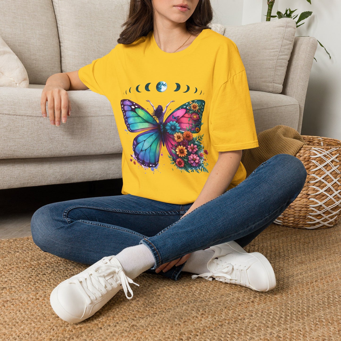 Butterfly Moon Phases T‑Shirt — Colorful Floral Wing Tee