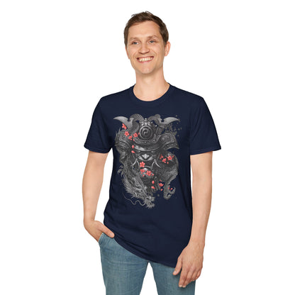 Samurai Helmet T‑Shirt — Japanese Warrior Armor with Red Sakura Accents