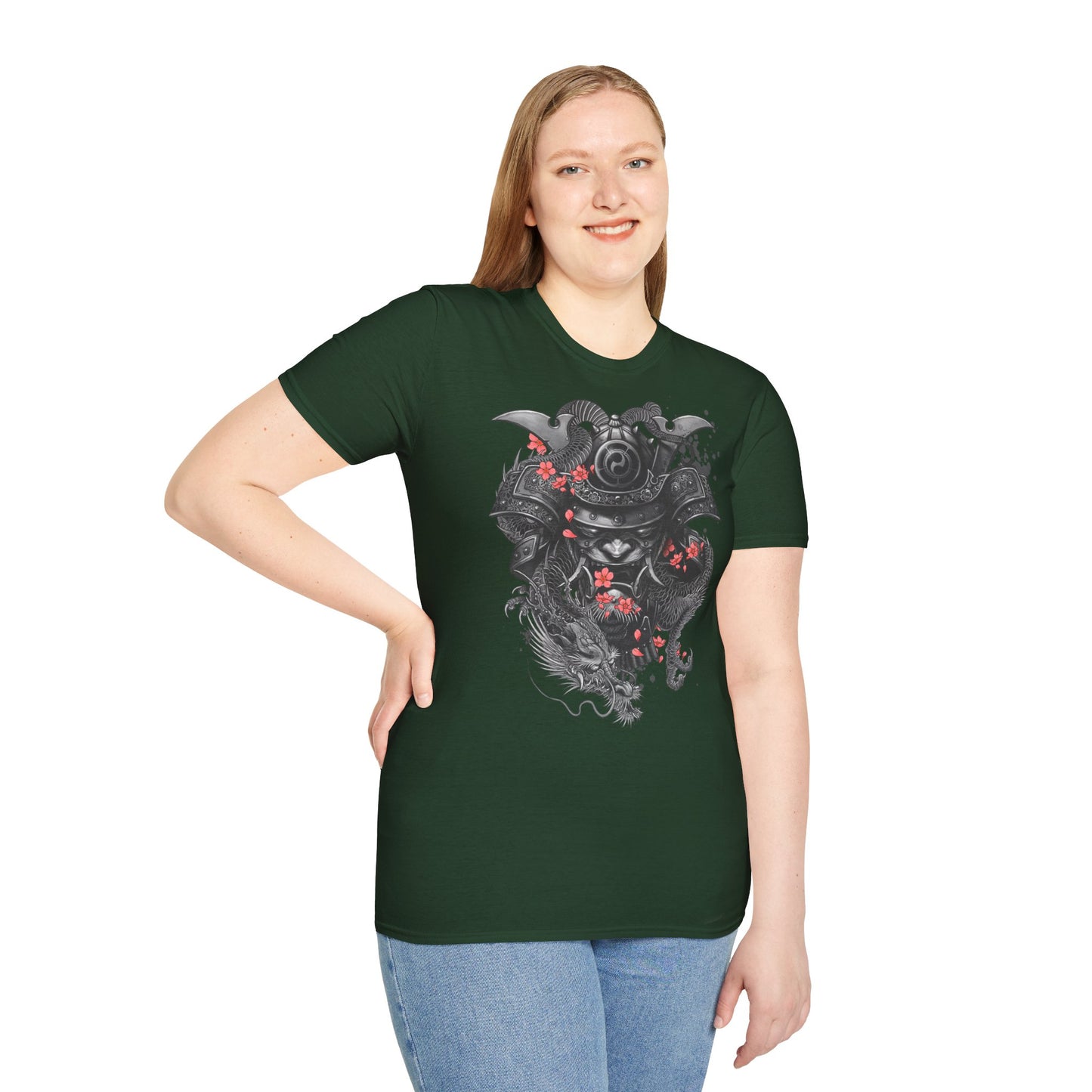 Samurai Helmet T‑Shirt — Japanese Warrior Armor with Red Sakura Accents