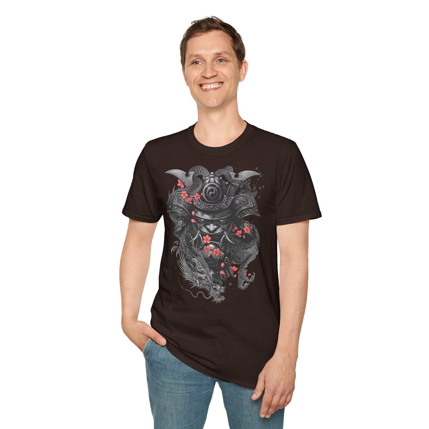Samurai Helmet T‑Shirt — Japanese Warrior Armor with Red Sakura Accents