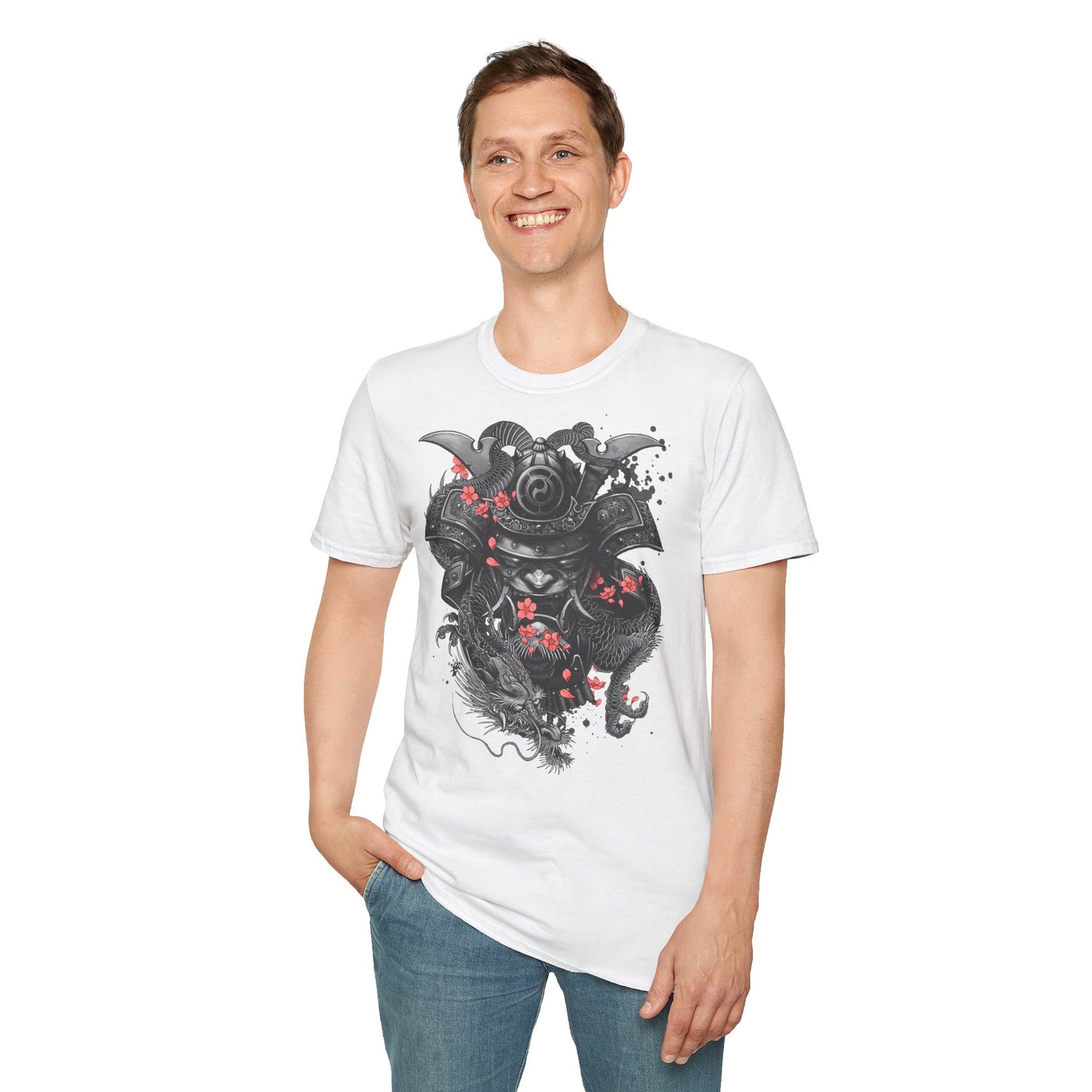 Samurai Helmet T‑Shirt — Japanese Warrior Armor with Red Sakura Accents