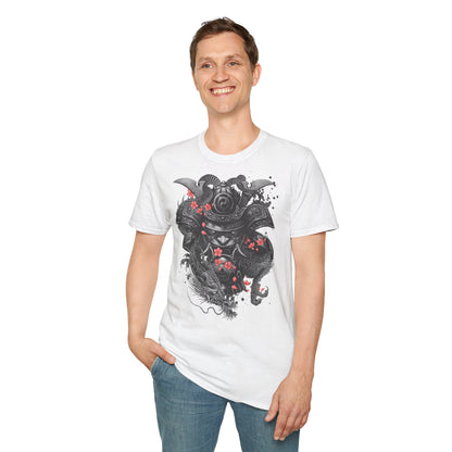 Samurai Helmet T‑Shirt — Japanese Warrior Armor with Red Sakura Accents