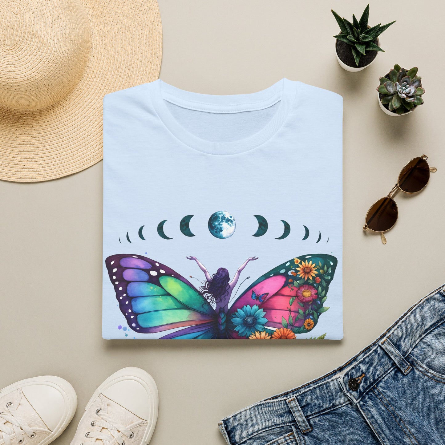 Butterfly Moon Phases T‑Shirt — Colorful Floral Wing Tee