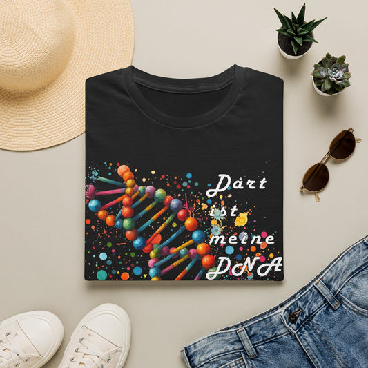 DNA Art Graphic T‑Shirt — "Dart ist meine DNA" Colorful Science Tee