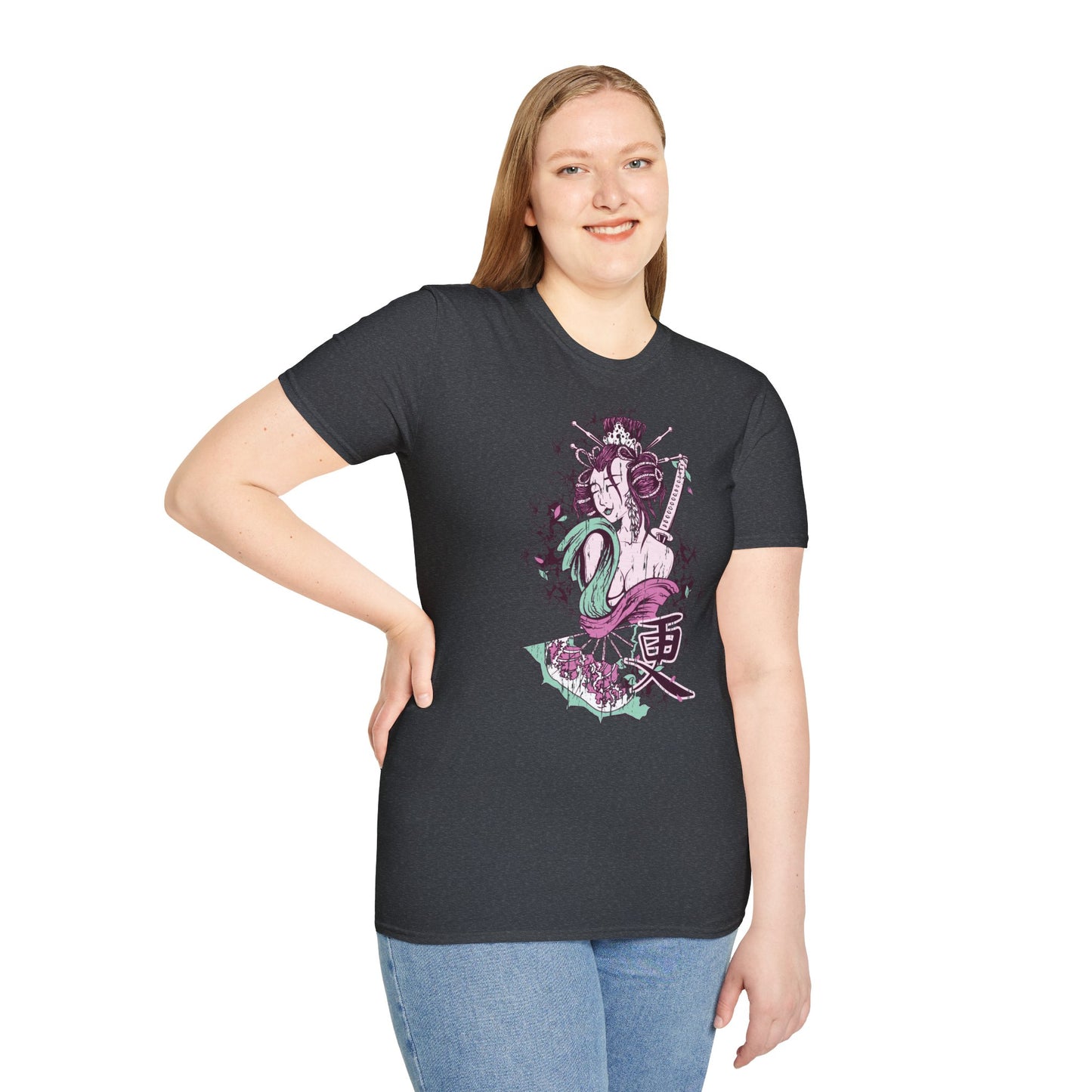 Geisha Anime Art T‑Shirt — Retro Floral Japanese Illustration