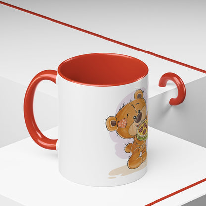 Cute Teddy Bear Pizza Gift Mug — Heart-Shaped Pizza & Bow Accent Coffee Cup
