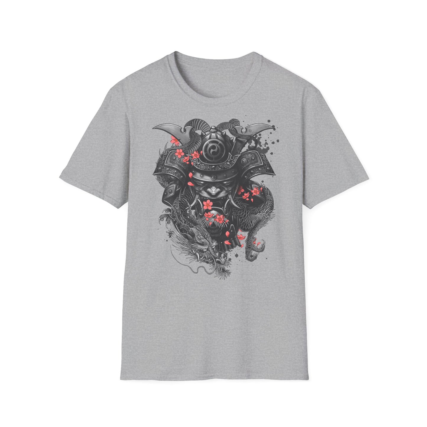 Samurai Helmet T‑Shirt — Japanese Warrior Armor with Red Sakura Accents