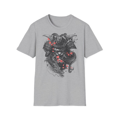 Samurai Helmet T‑Shirt — Japanese Warrior Armor with Red Sakura Accents