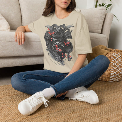 Samurai Helmet T‑Shirt — Japanese Warrior Armor with Red Sakura Accents