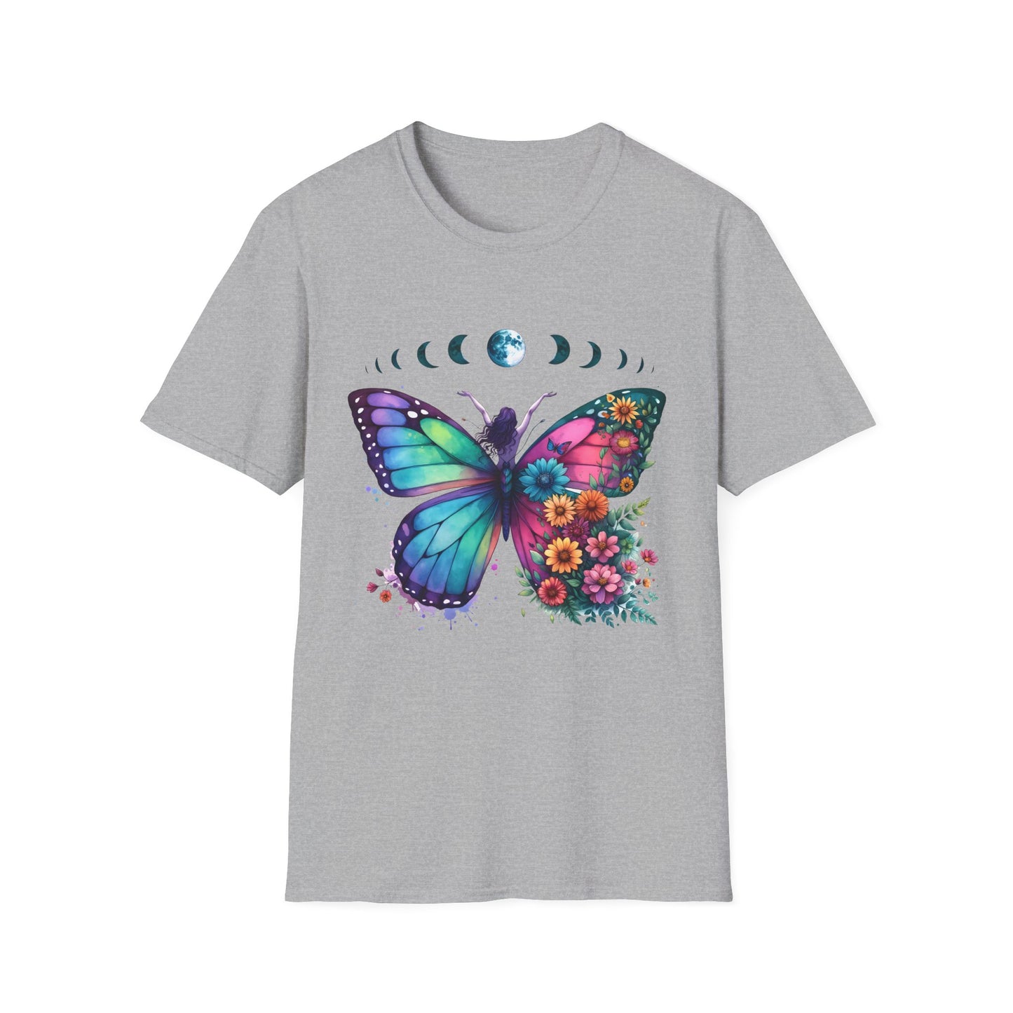 Butterfly Moon Phases T‑Shirt — Colorful Floral Wing Tee