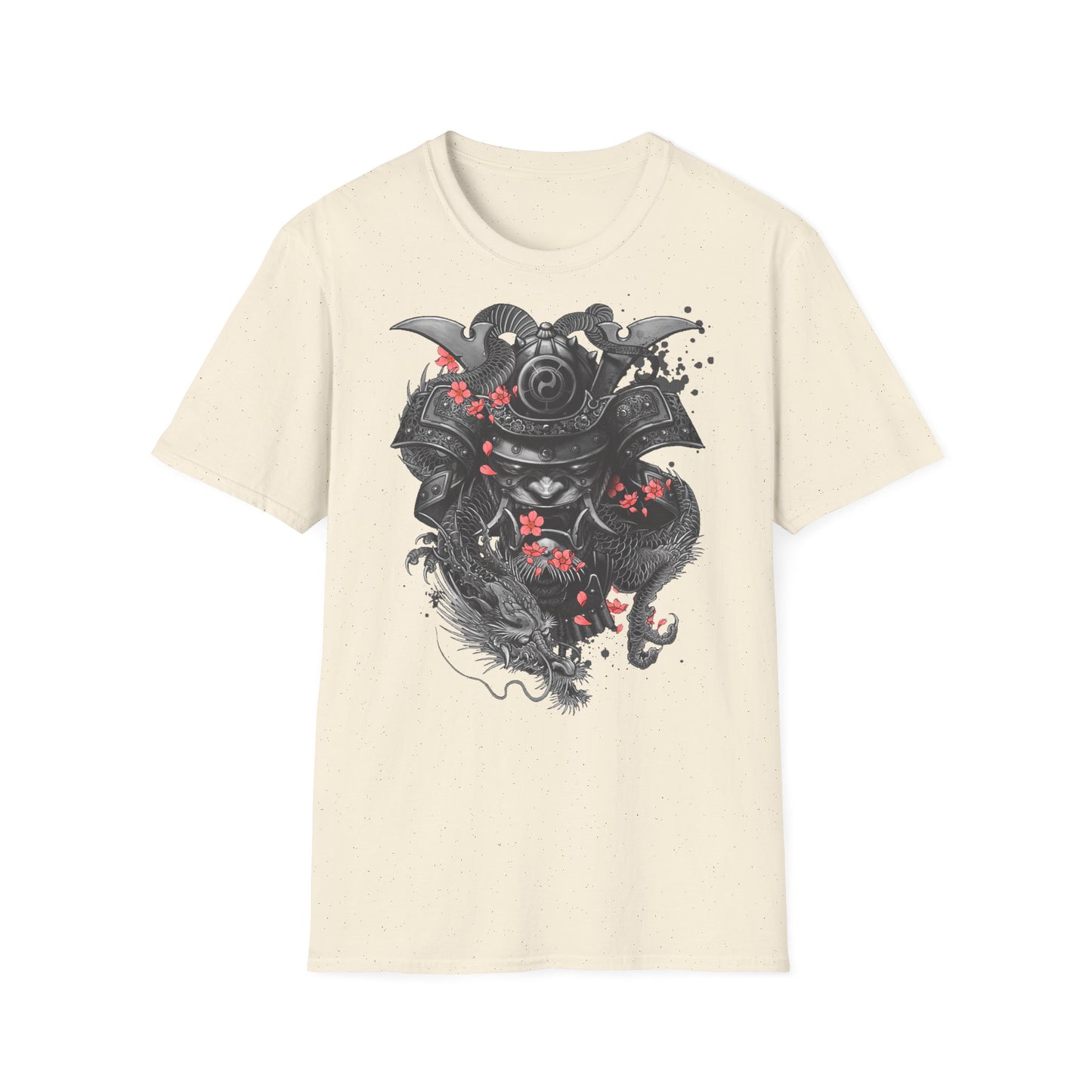 Samurai Helmet T‑Shirt — Japanese Warrior Armor with Red Sakura Accents