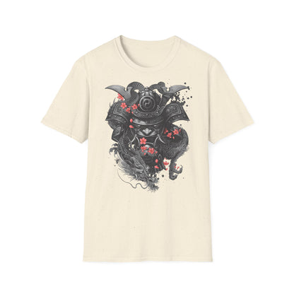 Samurai Helmet T‑Shirt — Japanese Warrior Armor with Red Sakura Accents