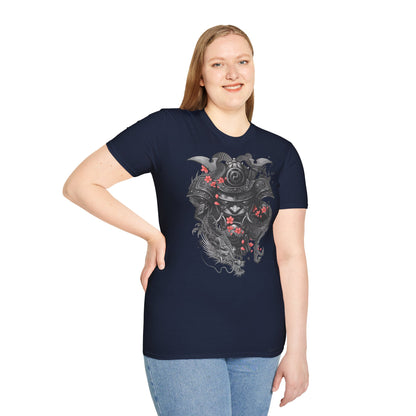 Samurai Helmet T‑Shirt — Japanese Warrior Armor with Red Sakura Accents