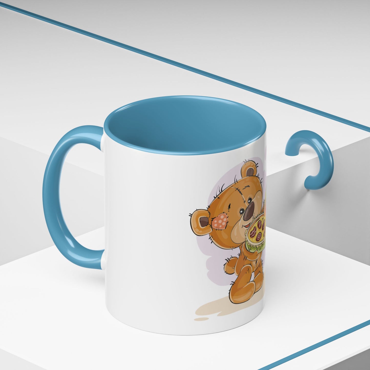 Cute Teddy Bear Pizza Gift Mug — Heart-Shaped Pizza & Bow Accent Coffee Cup