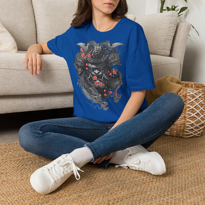 Samurai Helmet T‑Shirt — Japanese Warrior Armor with Red Sakura Accents