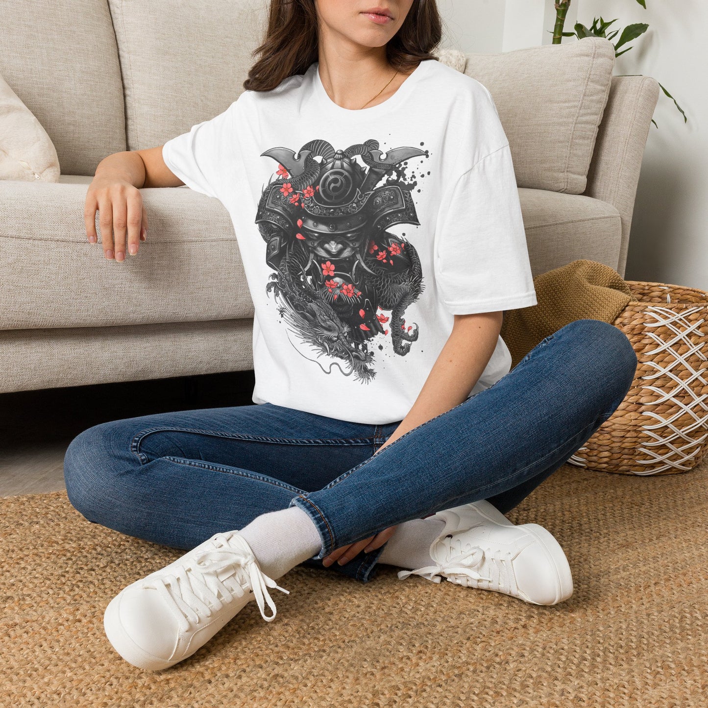 Samurai Helmet T‑Shirt — Japanese Warrior Armor with Red Sakura Accents