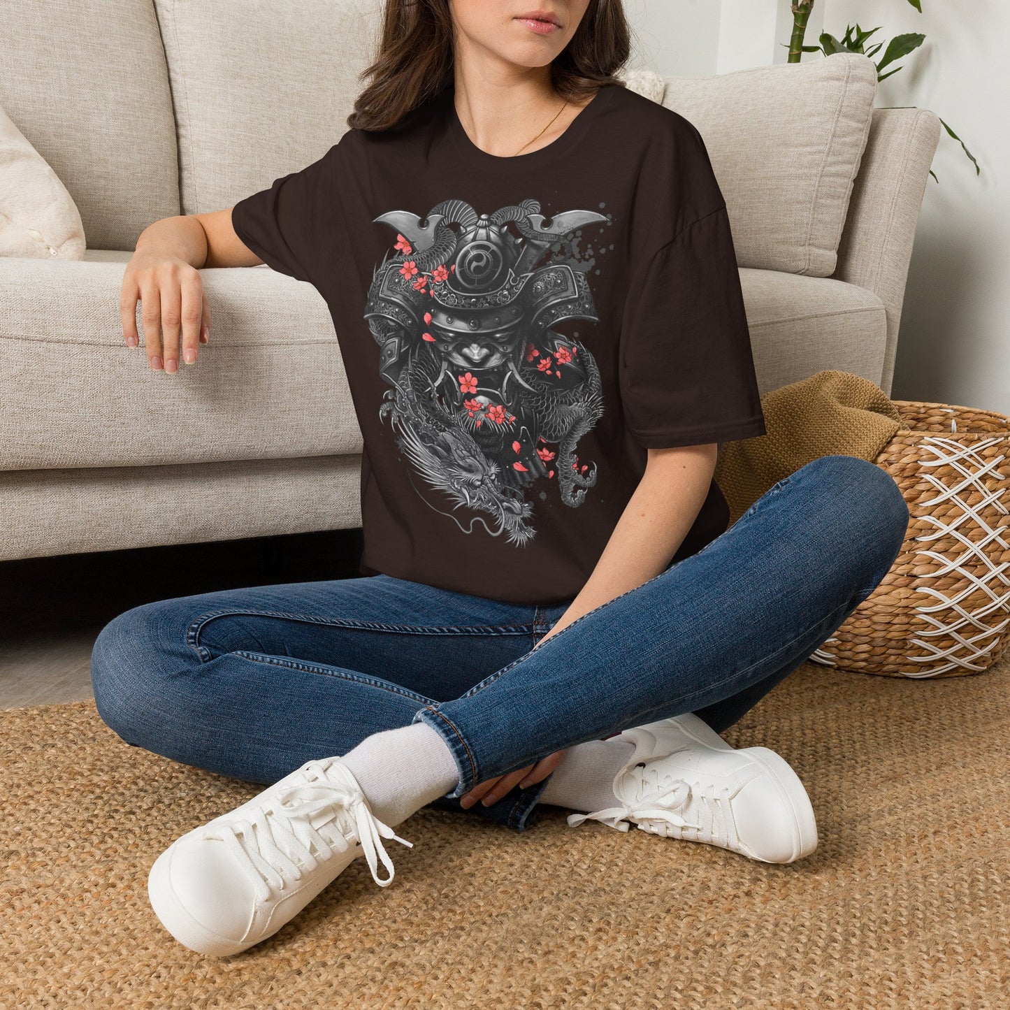 Samurai Helmet T‑Shirt — Japanese Warrior Armor with Red Sakura Accents