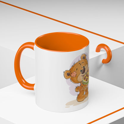 Cute Teddy Bear Pizza Gift Mug — Heart-Shaped Pizza & Bow Accent Coffee Cup