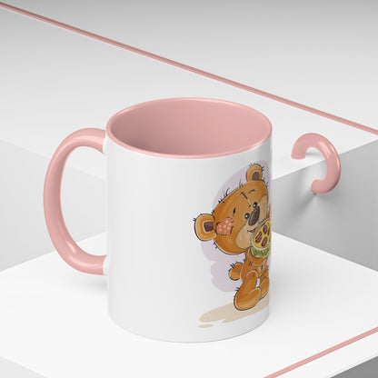 Cute Teddy Bear Pizza Gift Mug — Heart-Shaped Pizza & Bow Accent Coffee Cup