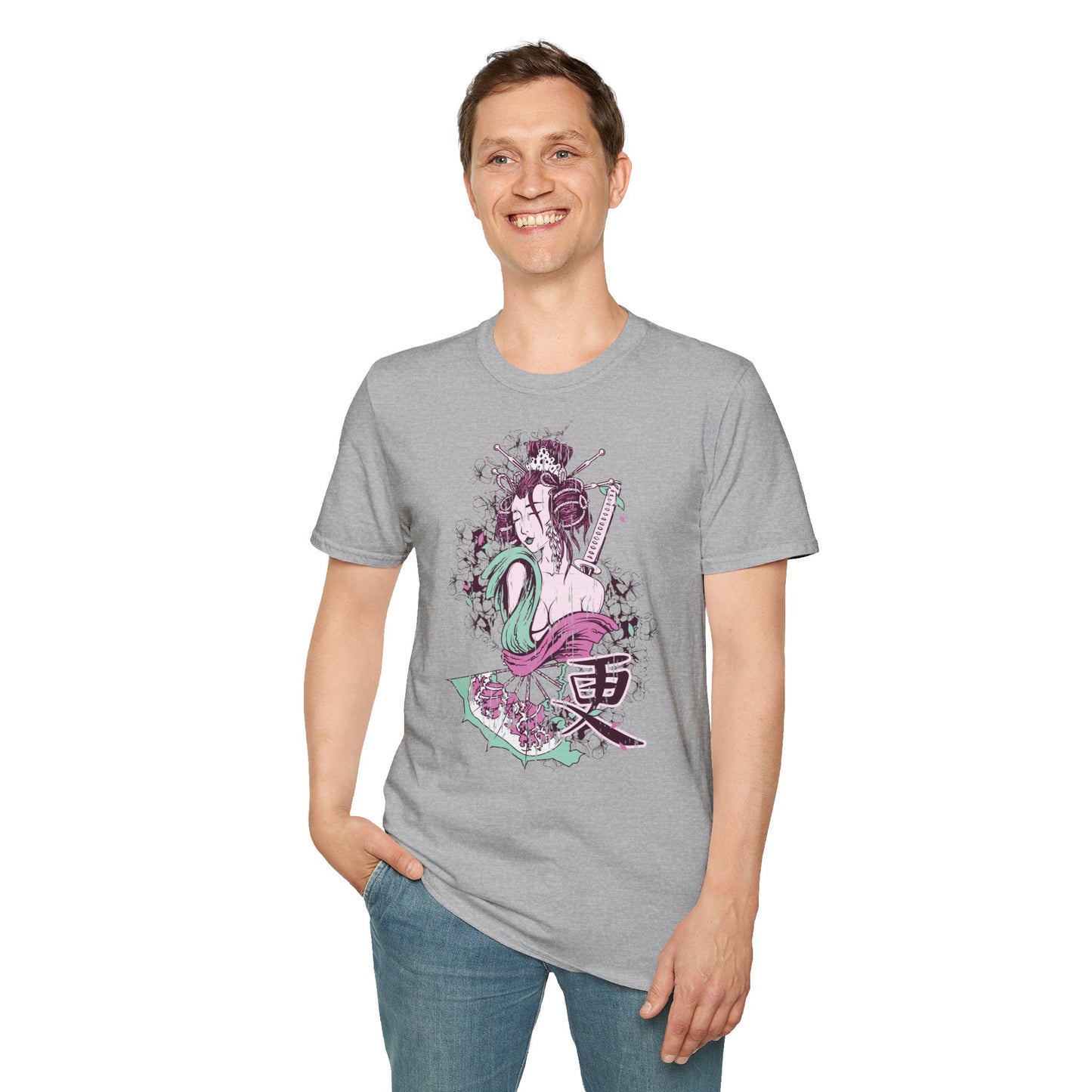 Geisha Anime Art T‑Shirt — Retro Floral Japanese Illustration