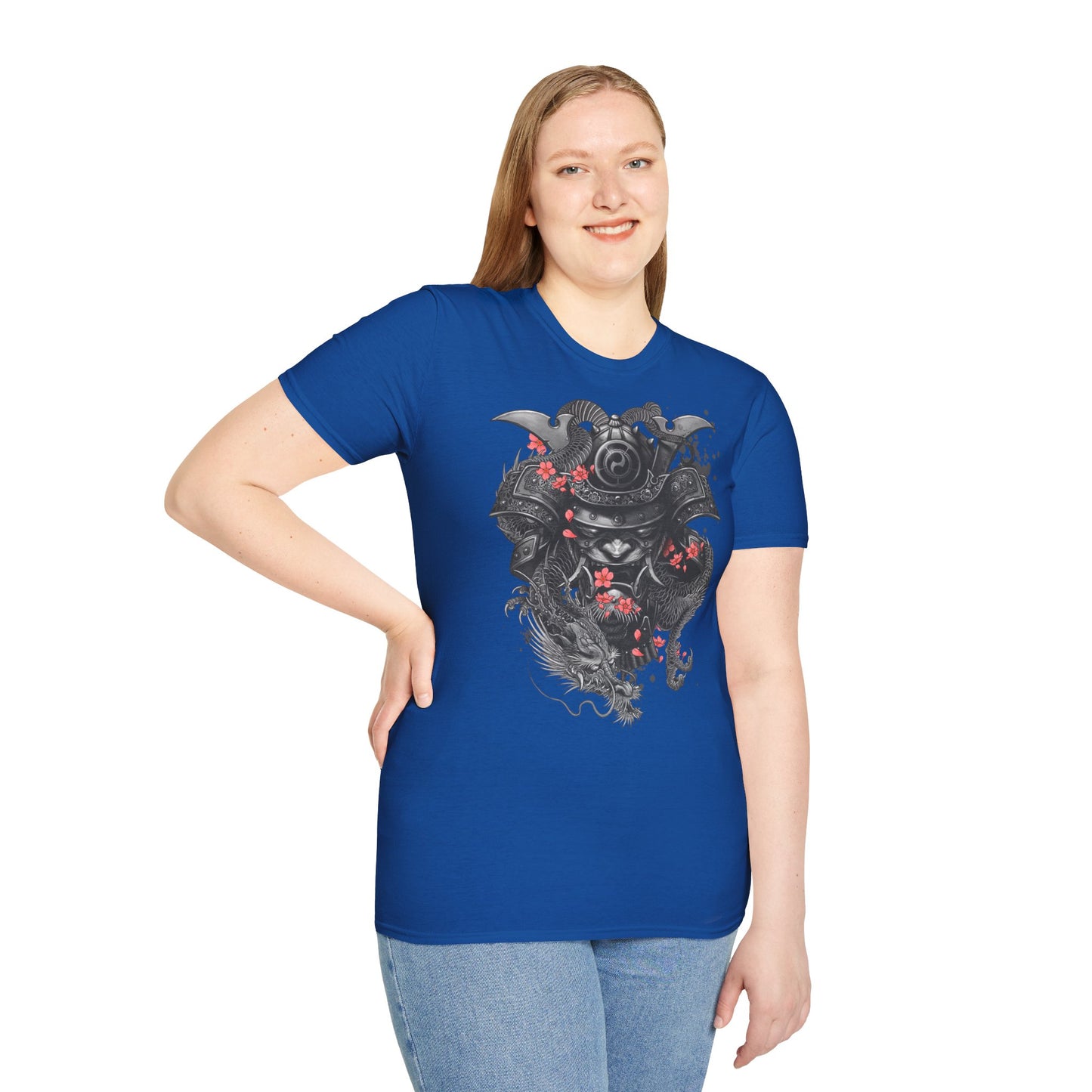 Samurai Helmet T‑Shirt — Japanese Warrior Armor with Red Sakura Accents
