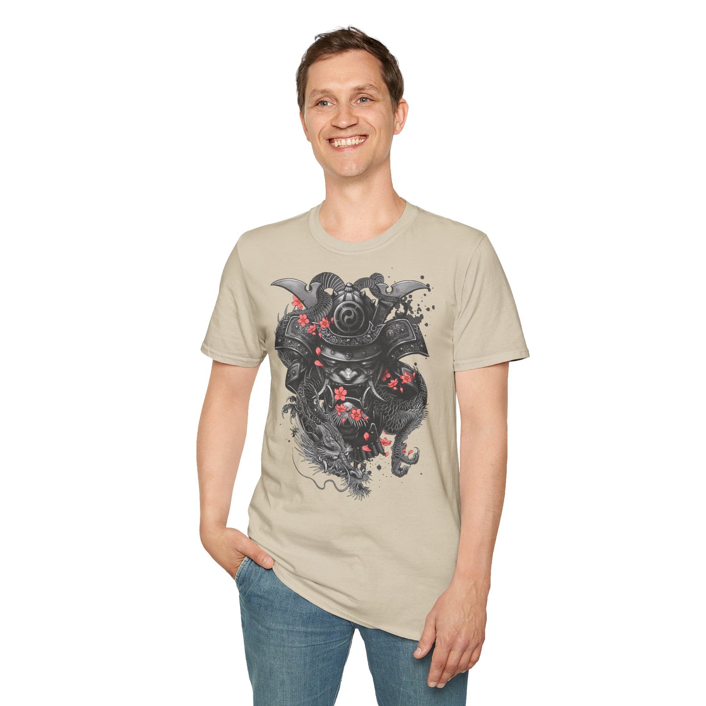 Samurai Helmet T‑Shirt — Japanese Warrior Armor with Red Sakura Accents