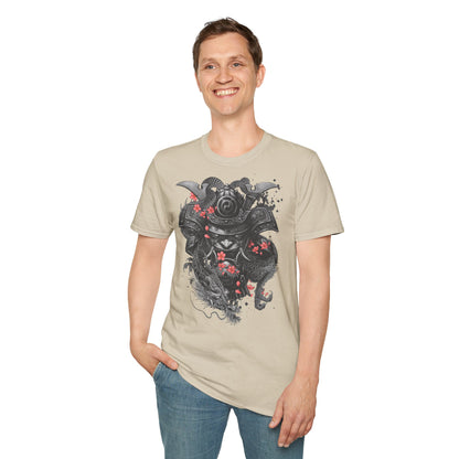 Samurai Helmet T‑Shirt — Japanese Warrior Armor with Red Sakura Accents