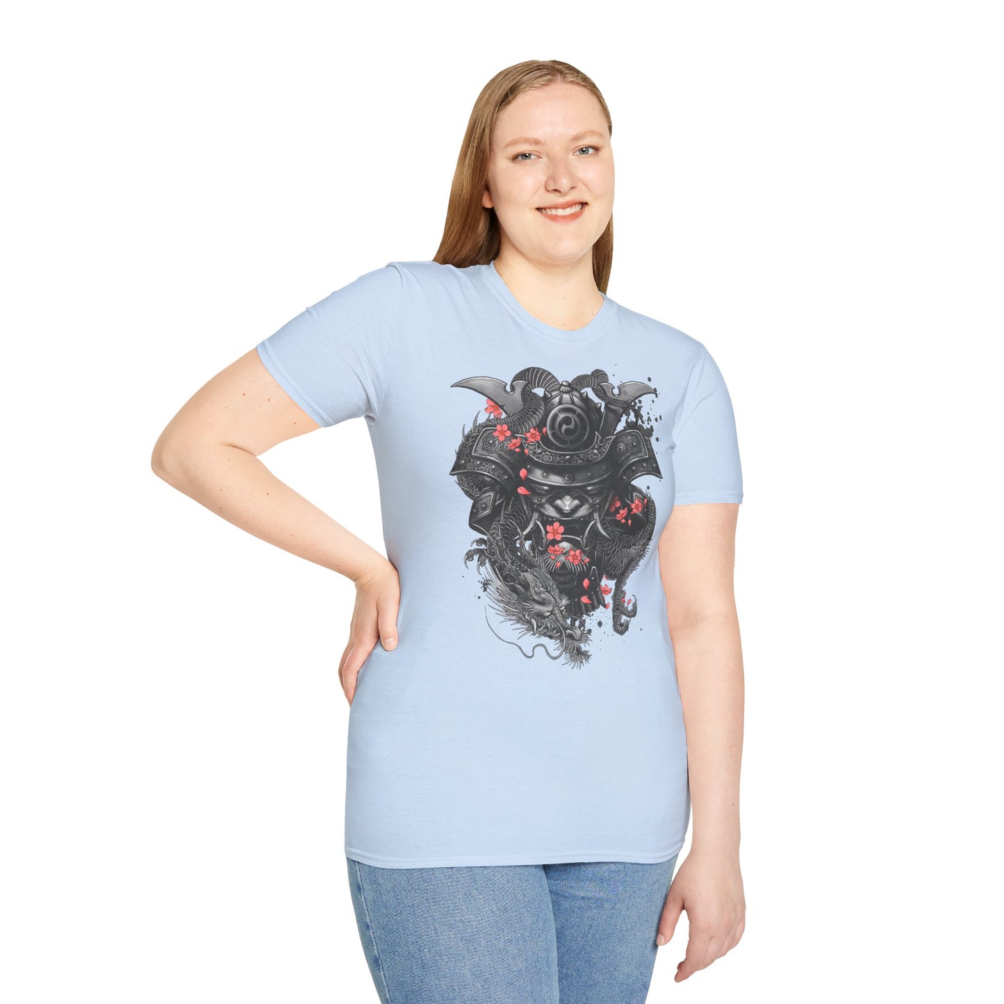 Samurai Helmet T‑Shirt — Japanese Warrior Armor with Red Sakura Accents